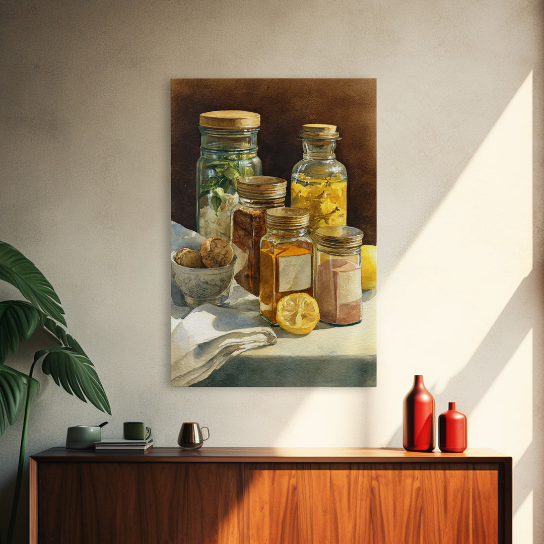 Watercolor Spice Jars Without Readable Labels Framed Canvas Print, Kitchen Art, Art Deco, Kitchen Decor, Fine Art, Kitchen, KIT-2x3-69