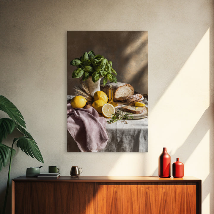 Pasta Lemons and Basil Mediterranean Still Life Framed Canvas Print, Kitchen Art, Kitchen Decor, Kitchen, Trendy Wall Art, KIT-2x3-73