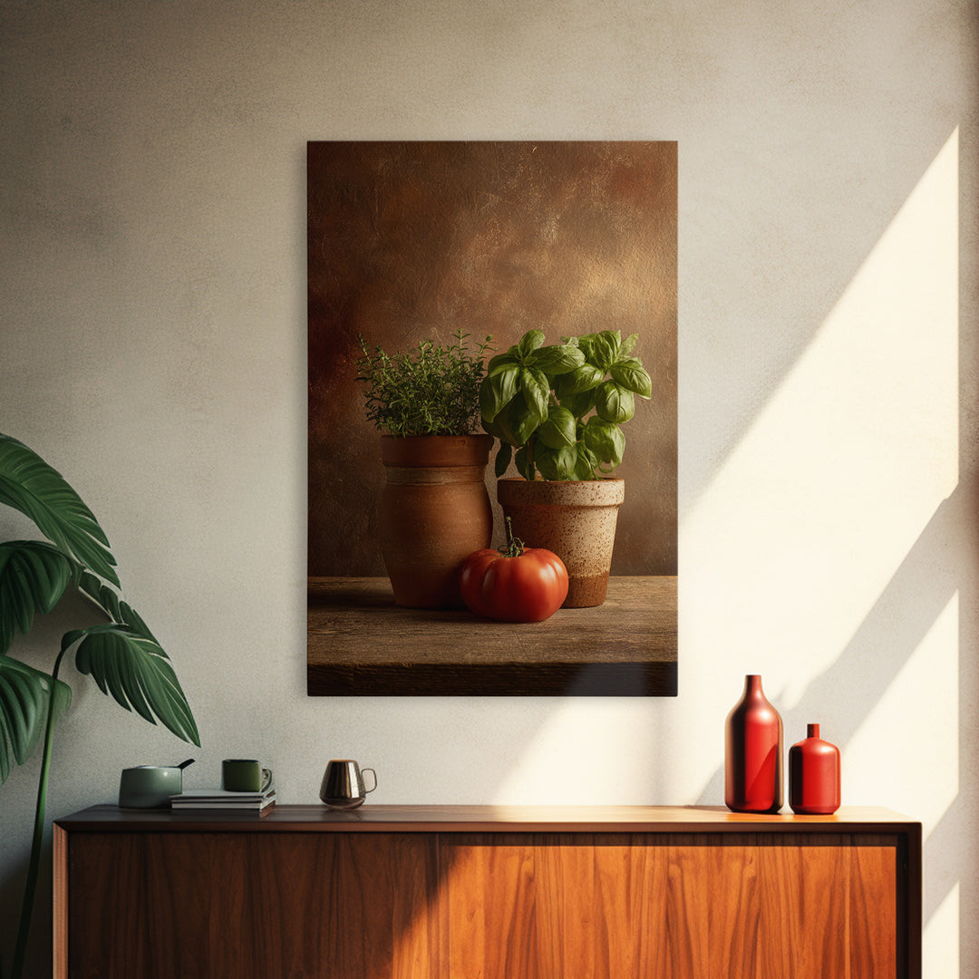 Fresh Herbs in Terracotta Pots Canvas Print, Kitchen Art, Digital Print, Kitchen Decor, Oil Painting, Kitchen, Kitchen Print, KIT-2x3-81