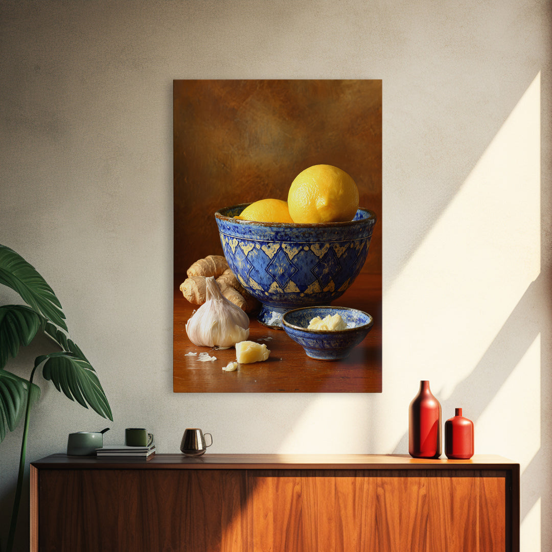 Lemons and Blue Ceramic Bowl Still Life Canvas Print, Kitchen Art, Prints, Kitchen Decor, Fine Art, Kitchen, Kitchen Wall Decor, KIT-2x3-82