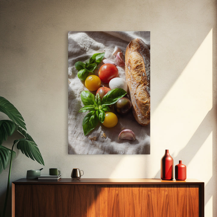 Tomatoes Garlic and Basil on Linen Framed Canvas Print, Kitchen Art, Printable Art, Kitchen Decor, Fine Art, Kitchen, KIT-2x3-83
