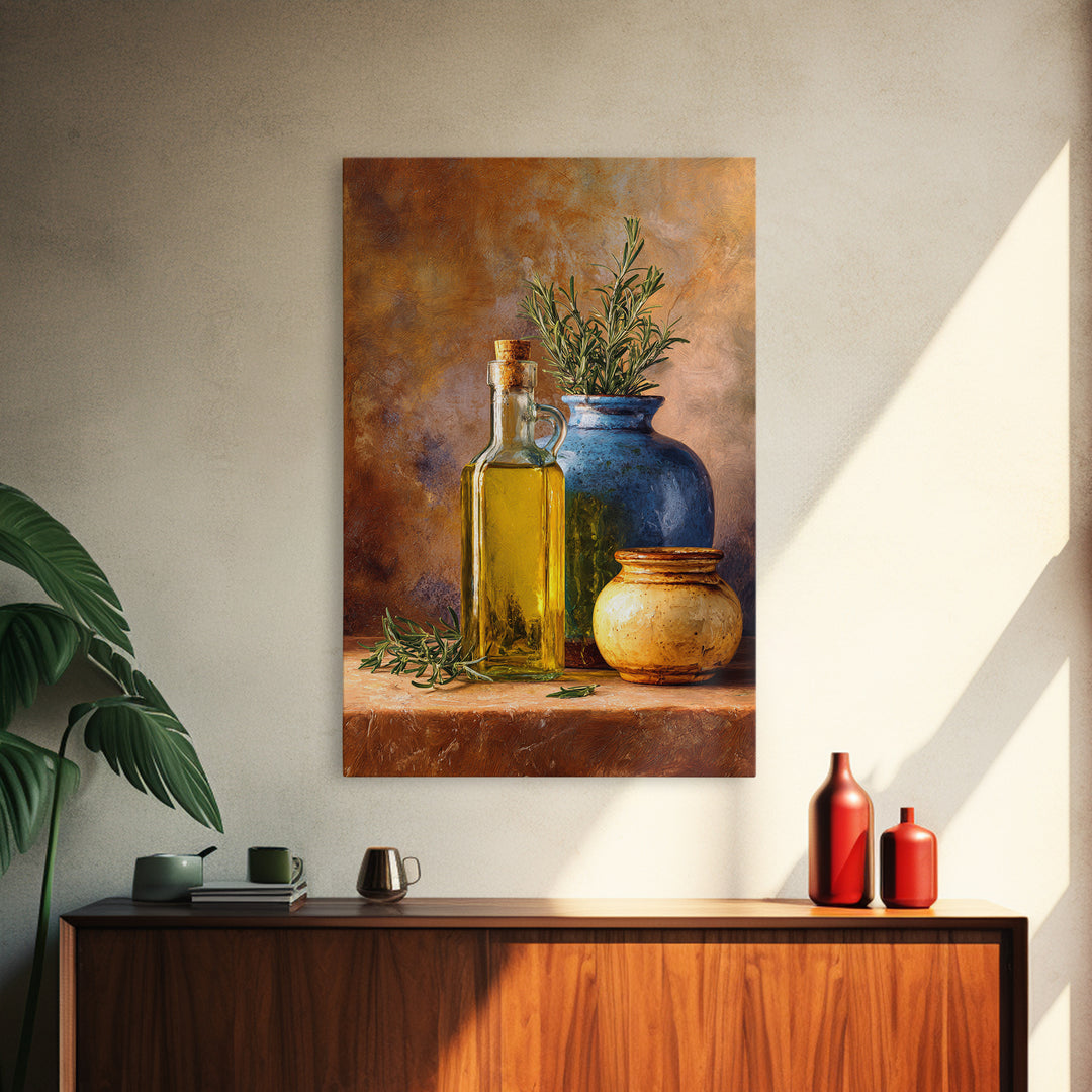 Olive Oil Bottle and Rosemary Branch Framed Canvas Print, Kitchen Art, Printable Art, Kitchen Decor, Oil Painting, Kitchen, KIT-2x3-85