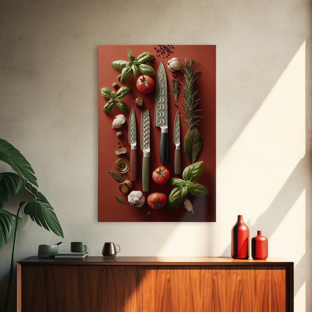 Chef Knives and Herbs Arranged as Graphic Framed Canvas Print, Kitchen Art, Art Prints, Kitchen Decor, Fine Art, Kitchen, KIT-2x3-90