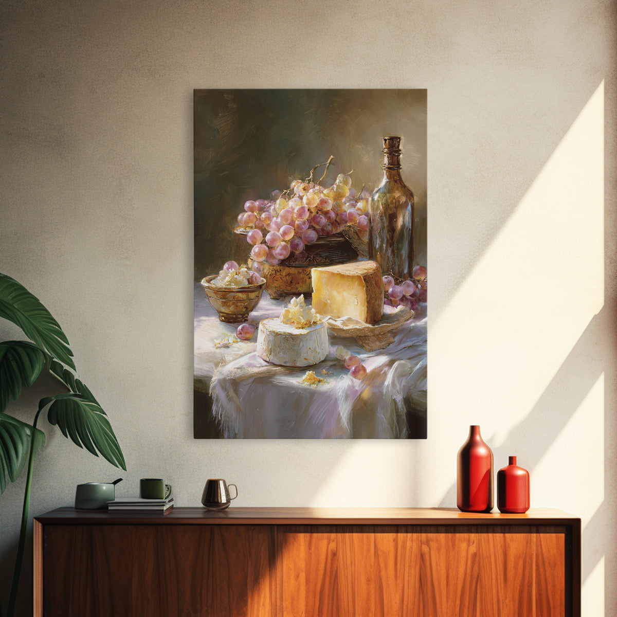 Wine Bottle Grapes and Cheese Still Life Framed Canvas Print, Kitchen Art, Gallery Decor, Kitchen Decor, Abstract Art, Kitchen, KIT-2x3-92