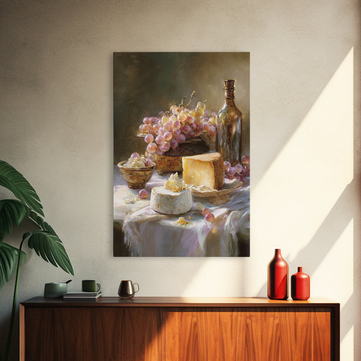 Wine Bottle Grapes and Cheese Still Life Framed Canvas Print, Kitchen Art, Gallery Decor, Kitchen Decor, Abstract Art, Kitchen, KIT-2x3-92