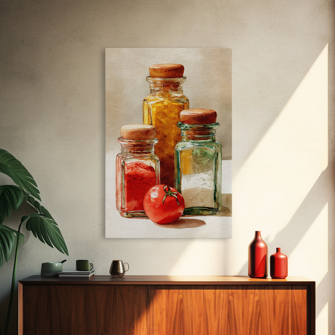 Watercolor Spice Jars Without Readable Labels Framed Canvas Print, Kitchen Art, Art Deco, Kitchen Decor, Fine Art, Kitchen, KIT-2x3-93