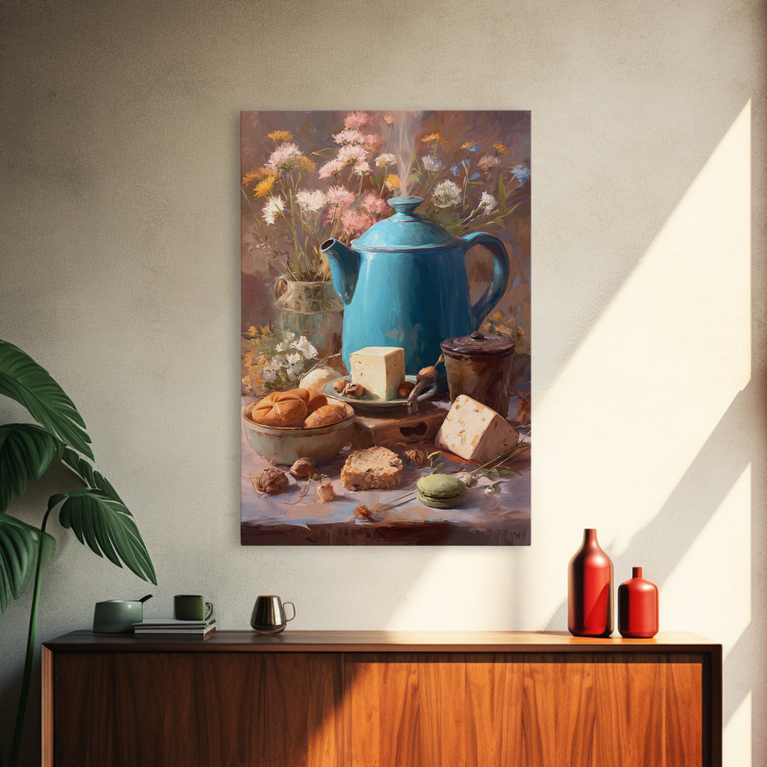 Tea Kettle with Steam and Wildflowers Framed Canvas Print, Kitchen Art, Digital Art, Kitchen Decor, Watercolor Art, Kitchen, KIT-2x3-94