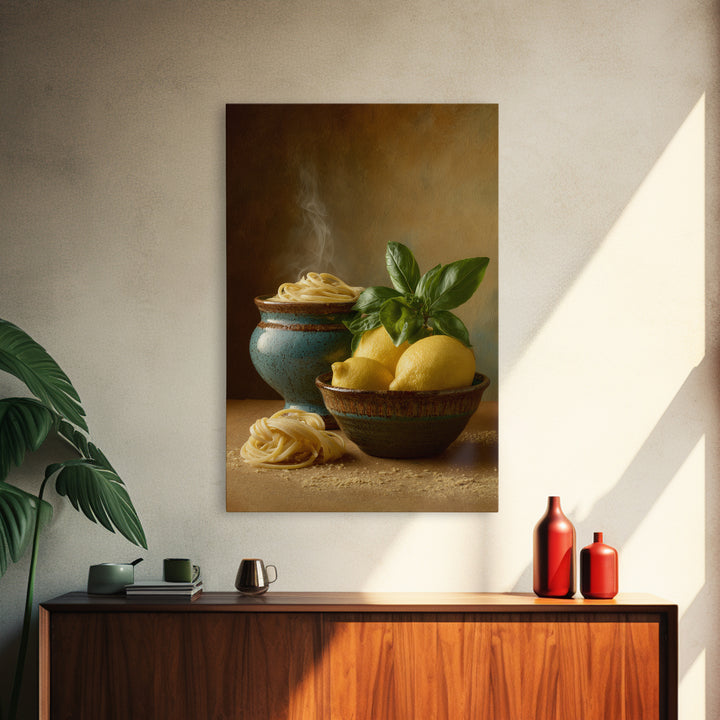 Pasta Lemons and Basil Mediterranean Still Life Framed Canvas Print, Kitchen Art, Kitchen Decor, Kitchen, Trendy Wall Art, KIT-2x3-97