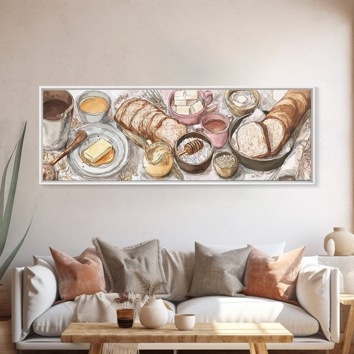 Fresh Bread with Butter and Honey Framed Canvas Print, Kitchen Art, Home Decor, Kitchen Decor, Fine Art, Kitchen, Digital Print, KIT-3x1-10