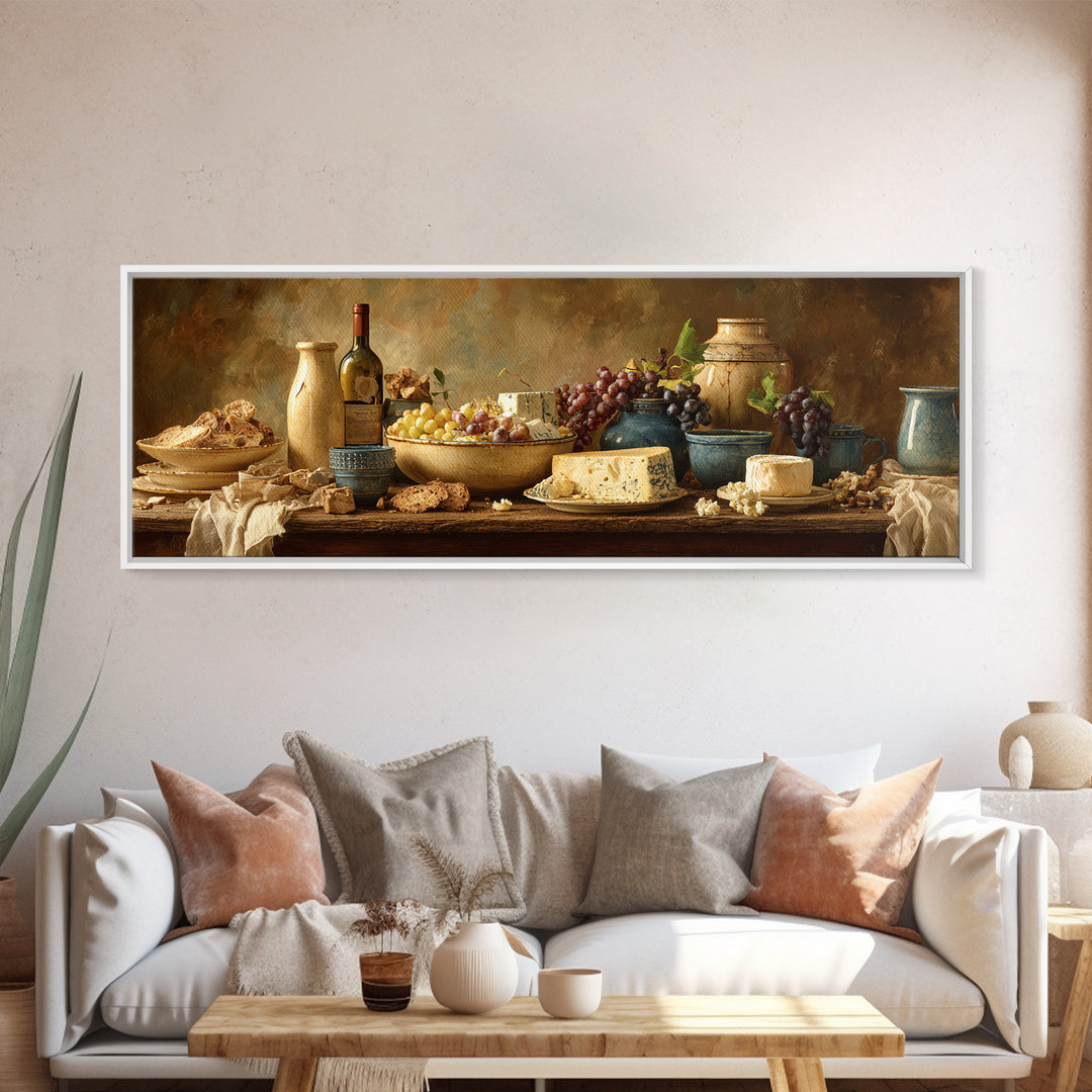 Wine Bottle Grapes and Cheese Still Life Canvas Print, Kitchen Art, Modern Decor, Kitchen Decor, Abstract Art, Kitchen, KIT-3x1-100