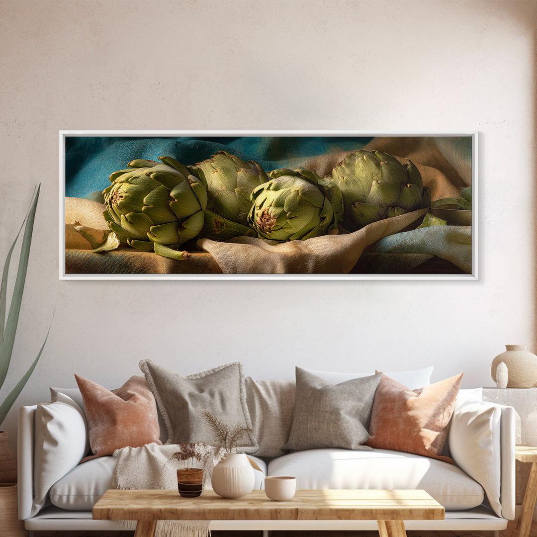 Artichoke Closeup in Painterly Green Tones Framed Canvas Print, Kitchen Art, Trendy Wall Art, Kitchen Decor, Fine Art, Kitchen, KIT-3x1-12
