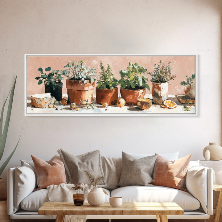 Fresh Herbs in Terracotta Pots Framed Canvas Print, Kitchen Art, Kitchen Wall Decor, Kitchen Decor, Fine Art, Kitchen, KIT-3x1-17