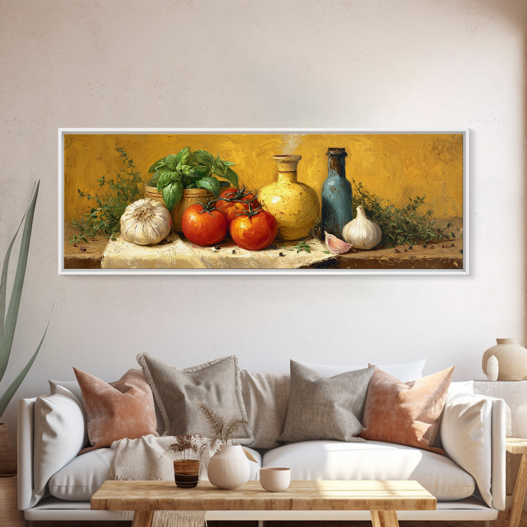 Tomatoes Garlic and Basil on Linen Canvas Print, Kitchen Art, Statement Artwork, Kitchen Decor, Abstract Art, Kitchen, KIT-3x1-19