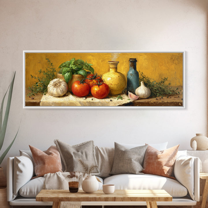Tomatoes Garlic and Basil on Linen Canvas Print, Kitchen Art, Statement Artwork, Kitchen Decor, Abstract Art, Kitchen, KIT-3x1-19