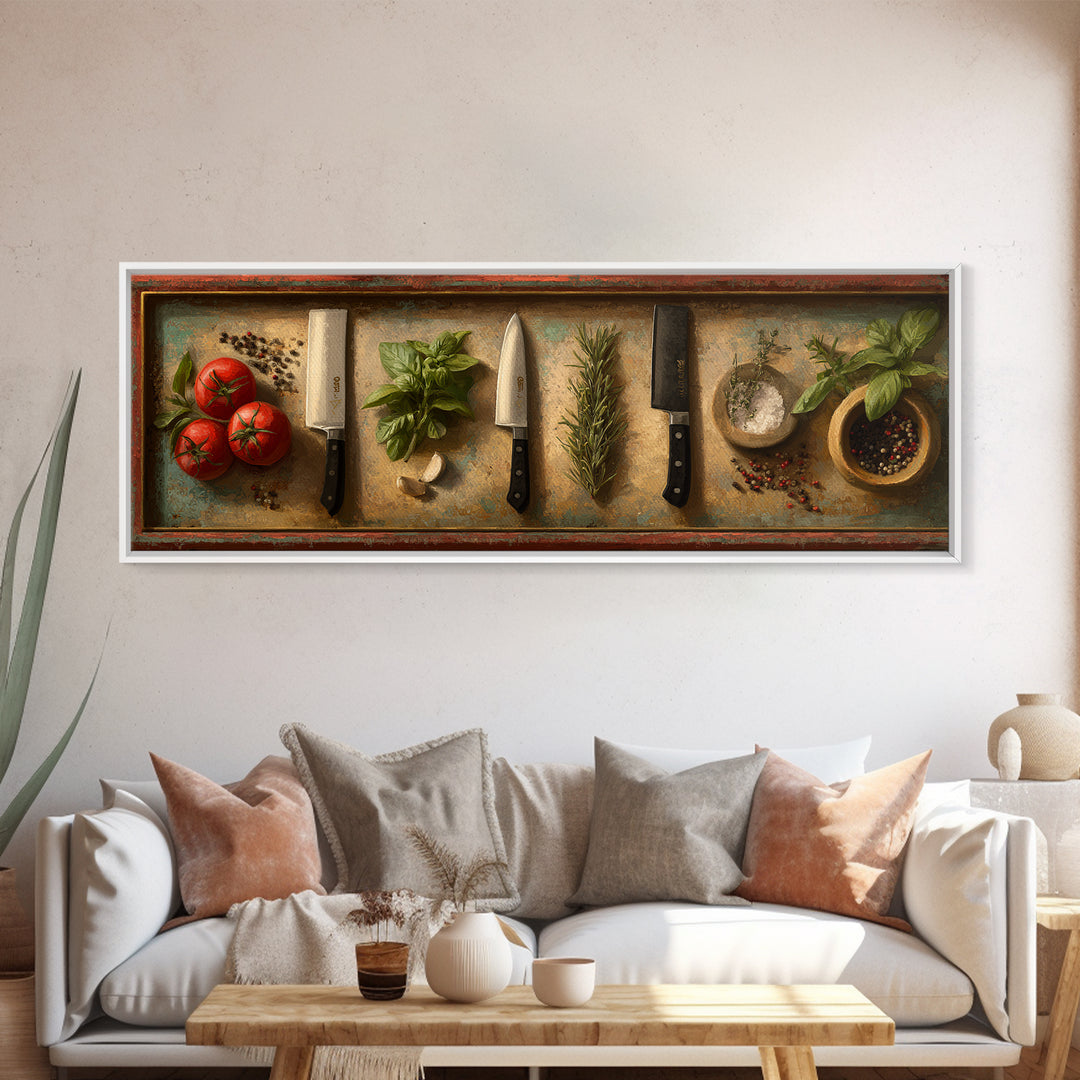 Chef Knives and Herbs Arranged as Graphic Framed Canvas Print, Kitchen Art, Prints, Kitchen Decor, Fine Art, Kitchen, KIT-3x1-2