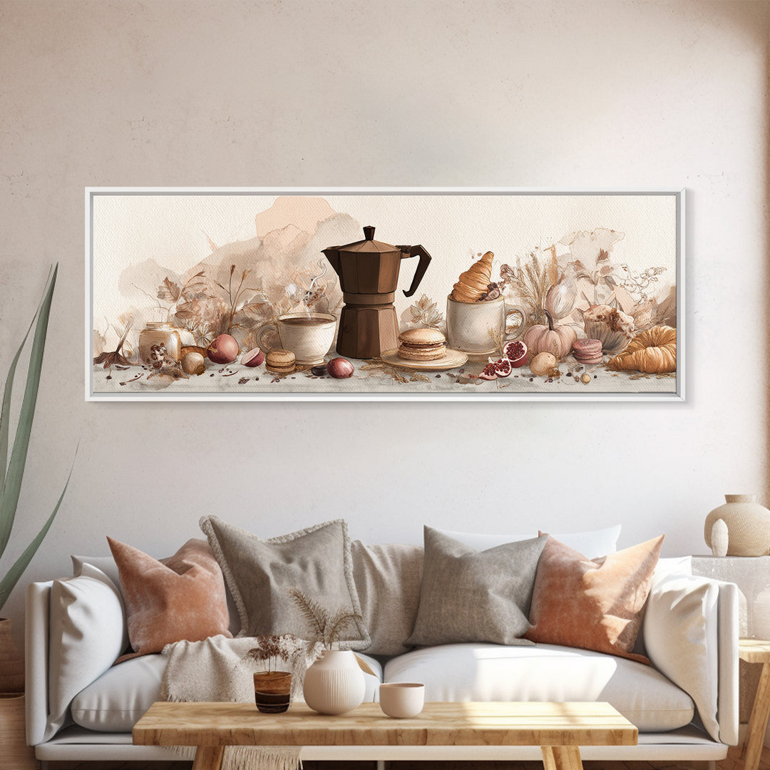 Coffee Pot and Croissant Morning Still Life Framed Canvas Print, Kitchen Art, Boho Decor, Kitchen Decor, Fine Art, Kitchen, KIT-3x1-23