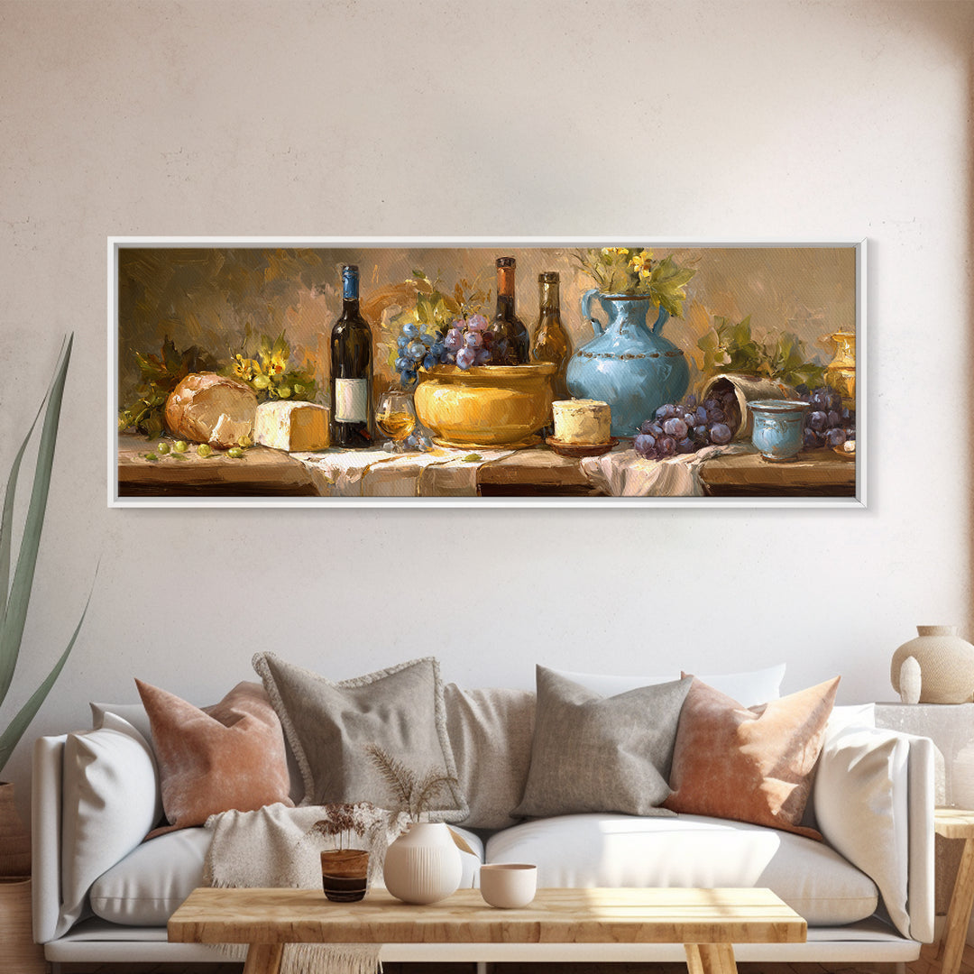 Wine Bottle Grapes and Cheese Still Life Framed Canvas Print, Kitchen Art, Coffee Print, Kitchen Decor, Oil Painting, Kitchen, KIT-3x1-28