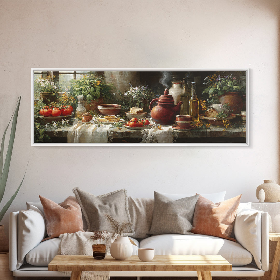 Tea Kettle with Steam and Wildflowers Canvas Print, Kitchen Art, Wall Art, Kitchen Decor, Watercolor Art, Kitchen, KIT-3x1-30