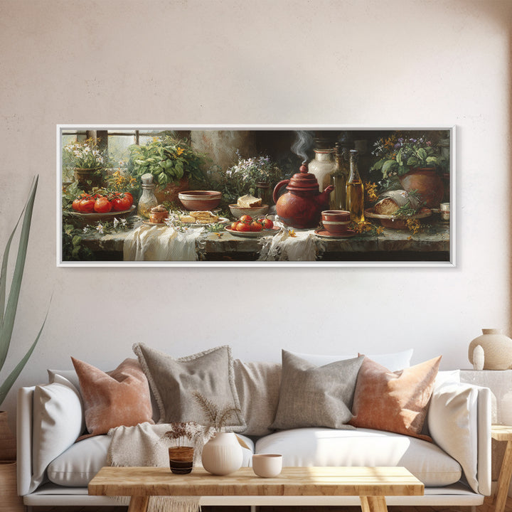 Tea Kettle with Steam and Wildflowers Canvas Print, Kitchen Art, Wall Art, Kitchen Decor, Watercolor Art, Kitchen, KIT-3x1-30
