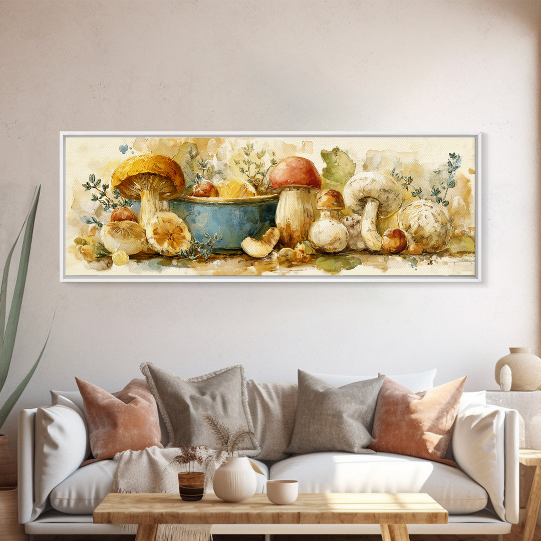 Mushrooms and Thyme Botanical Study Canvas Print, Kitchen Art, Luxury Decor, Kitchen Decor, Fine Art, Kitchen, Art Prints, KIT-3x1-31