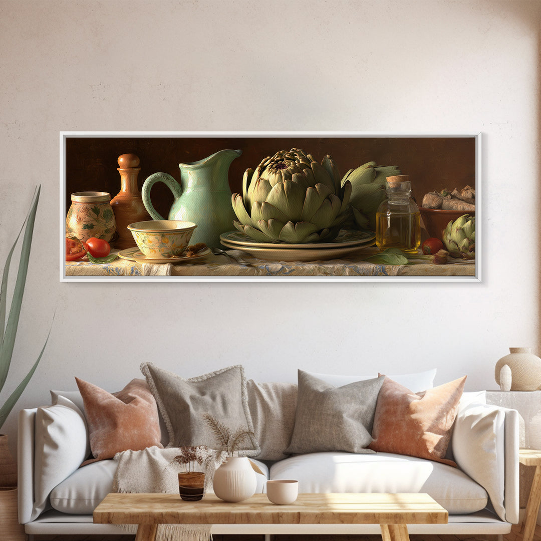 Artichoke Closeup in Painterly Green Tones Canvas Print, Kitchen Art, Bar Cart Decor, Kitchen Decor, Fine Art, Kitchen, KIT-3x1-36