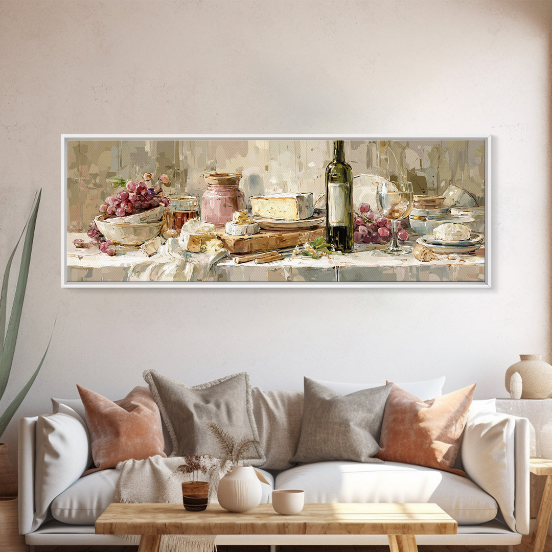 Wine Bottle Grapes and Cheese Still Life Canvas Print, Kitchen Art, Kitchen Prints, Kitchen Decor, Watercolor Art, Kitchen, KIT-3x1-4