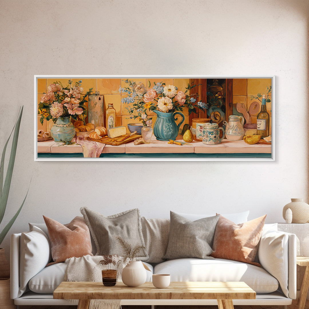 Floral Bouquet in a Kitchen Pitcher Canvas Print, Kitchen Art, Gallery Decor, Kitchen Decor, Oil Painting, Kitchen, KIT-3x1-40