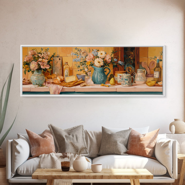 Floral Bouquet in a Kitchen Pitcher Canvas Print, Kitchen Art, Gallery Decor, Kitchen Decor, Oil Painting, Kitchen, KIT-3x1-40
