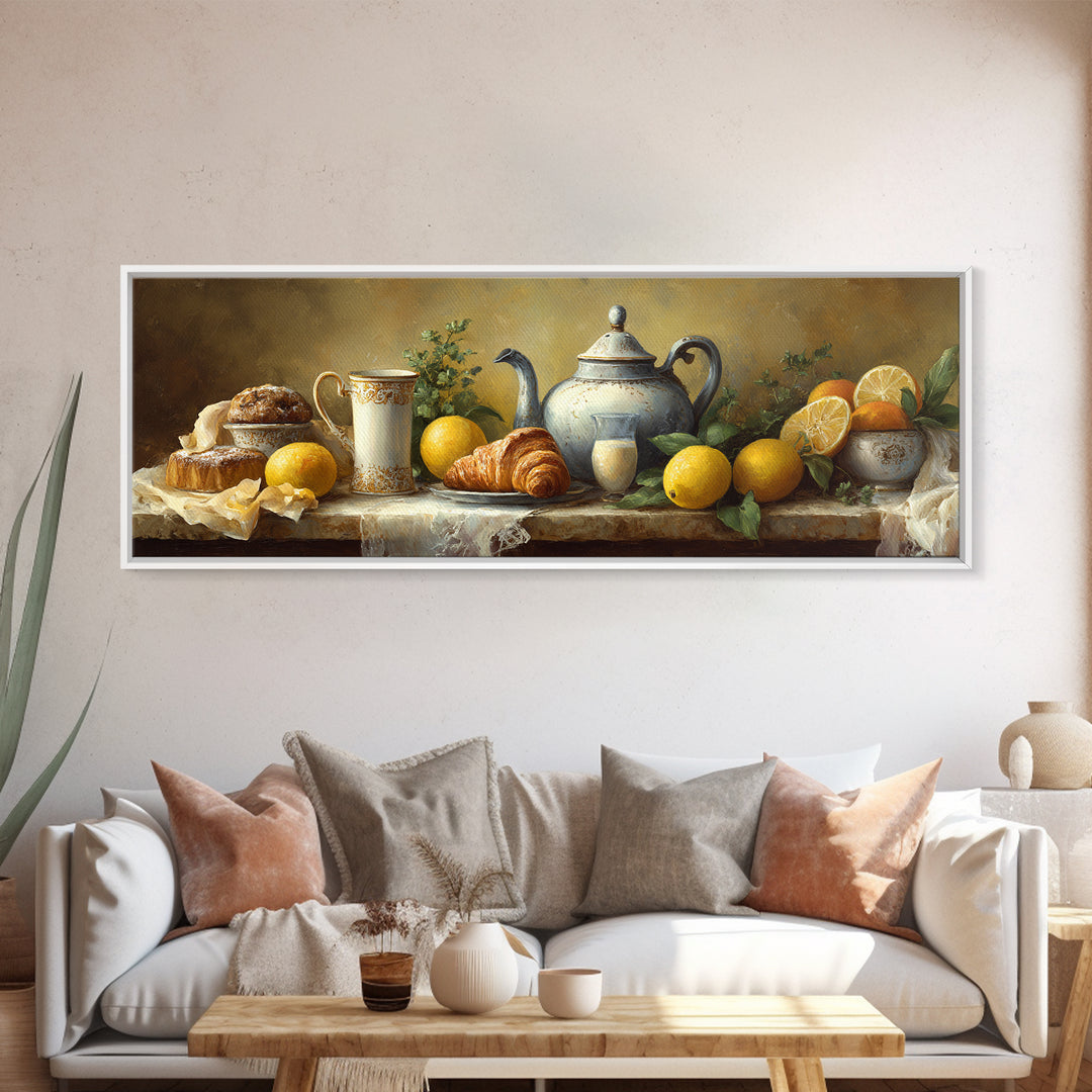 Coffee Pot and Croissant Morning Still Life Framed Canvas Print, Kitchen Art, Kitchen, Kitchen Decor, Oil Painting, Kitchen, KIT-3x1-47