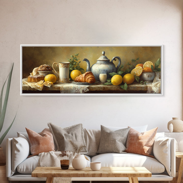 Coffee Pot and Croissant Morning Still Life Framed Canvas Print, Kitchen Art, Kitchen, Kitchen Decor, Oil Painting, Kitchen, KIT-3x1-47