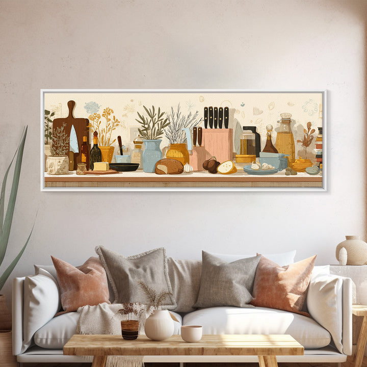 Chef Knives and Herbs Arranged as Graphic Canvas Print, Kitchen Art, Art Deco, Kitchen Decor, Watercolor Art, Kitchen, KIT-3x1-50