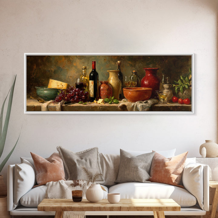 Wine Bottle Grapes and Cheese Still Life Framed Canvas Print, Kitchen Art, Room Decor, Kitchen Decor, Abstract Art, Kitchen, KIT-3x1-52