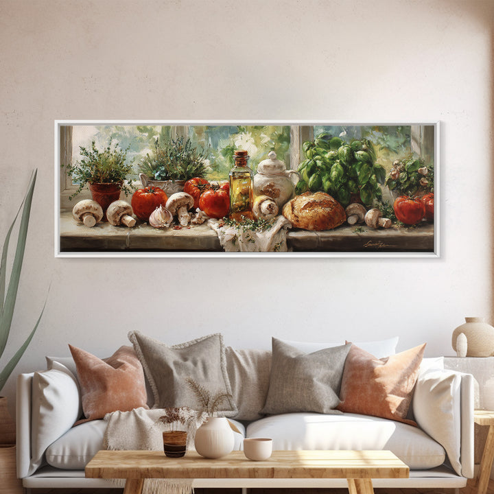 Mushrooms and Thyme Botanical Study Framed Canvas Print, Kitchen Art, Contemporary Art, Kitchen Decor, Oil Painting, Kitchen, KIT-3x1-55