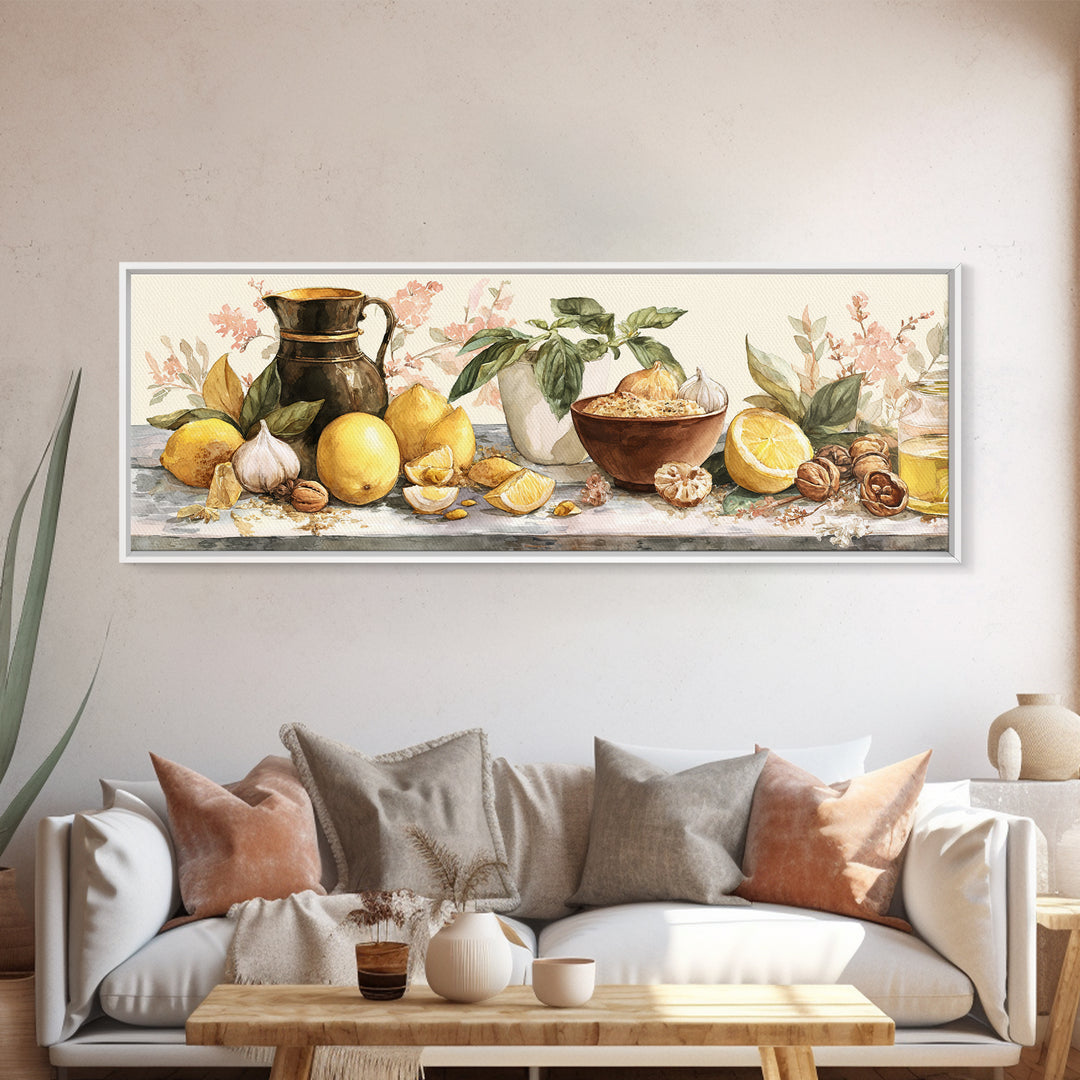 Pasta Lemons and Basil Mediterranean Still Life Framed Canvas Print, Kitchen Art, Coffee Art, Kitchen Decor, Fine Art, Kitchen, KIT-3x1-57