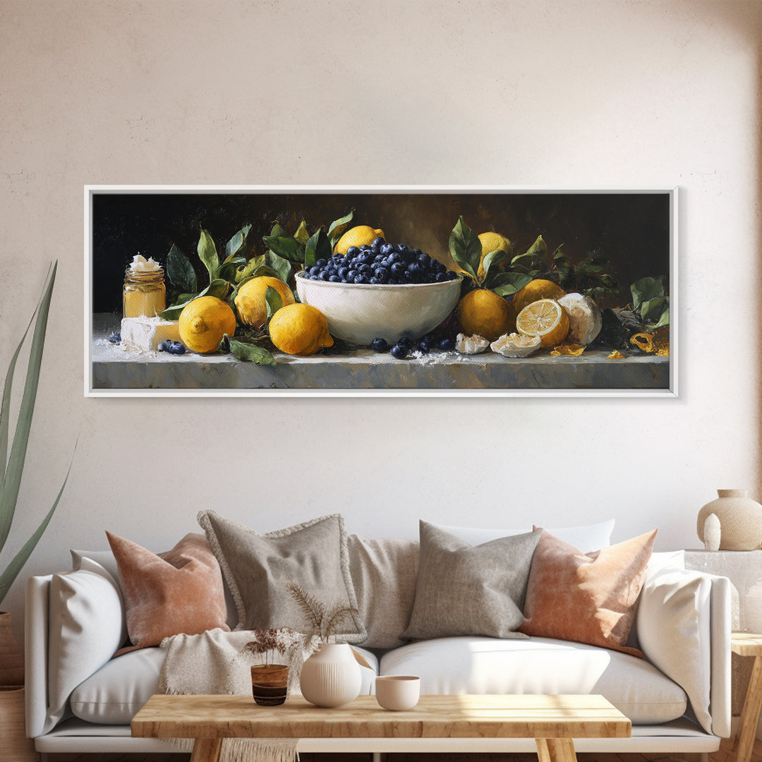 Blueberries in a White Bowl Framed Canvas Print, Kitchen Art, Wall Art, Kitchen Decor, Fine Art, Kitchen, Kitchen Wall Art, KIT-3x1-59