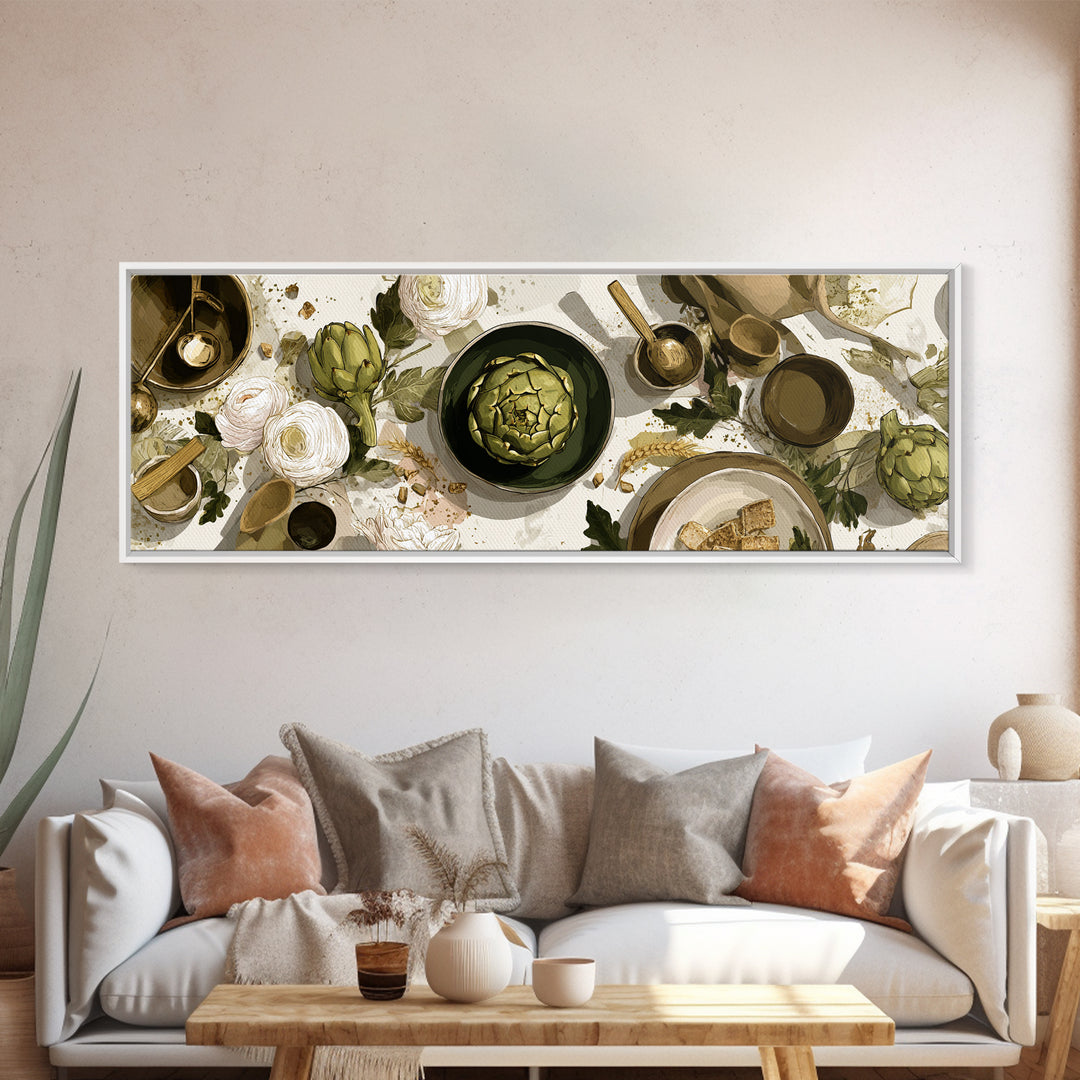 Artichoke Closeup in Painterly Green Tones Framed Canvas Print, Kitchen Art, Boho Decor, Kitchen Decor, Fine Art, Kitchen, KIT-3x1-60