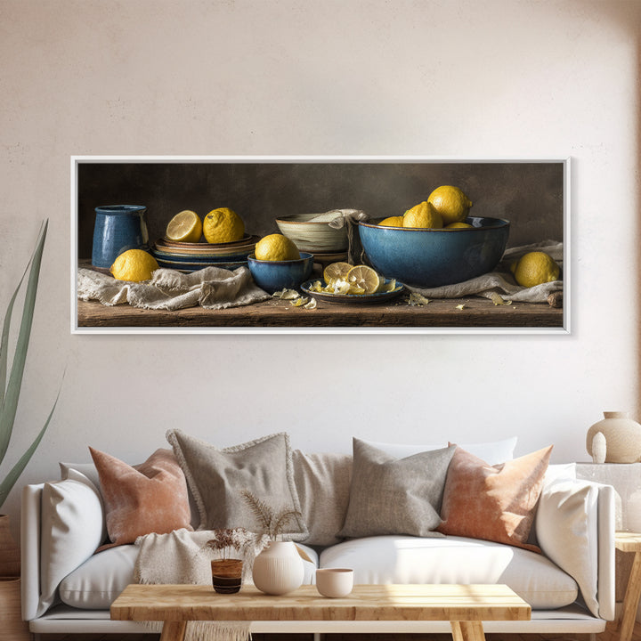 Lemons and Blue Ceramic Bowl Still Life Canvas Print, Kitchen Art, Printable Art, Kitchen Decor, Kitchen, Coffee Wall Art, KIT-3x1-66