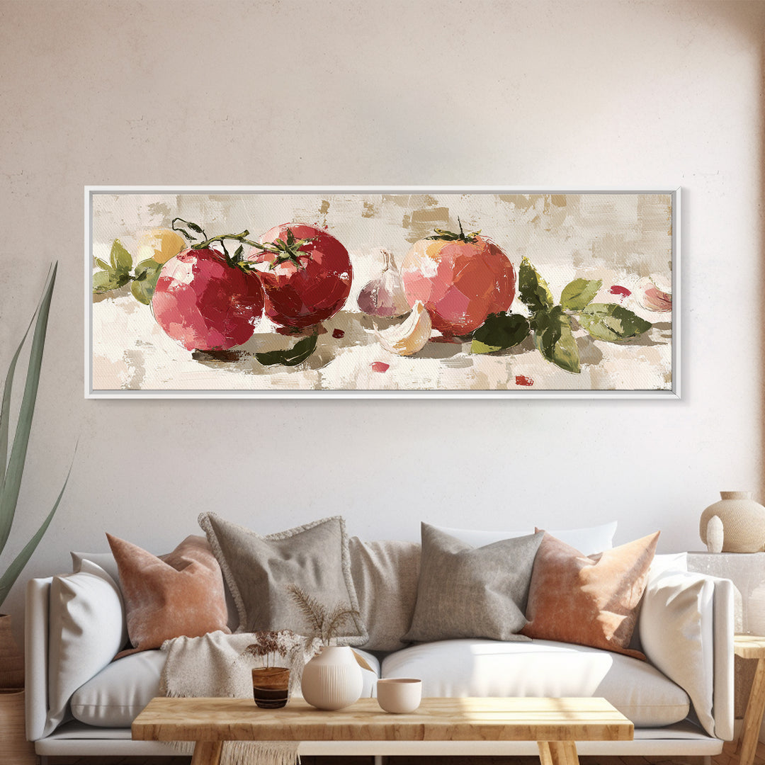 Tomatoes Garlic and Basil on Linen Framed Canvas Print, Kitchen Art, Digital Art, Kitchen Decor, Kitchen, Minimalist Wall Art, KIT-3x1-67