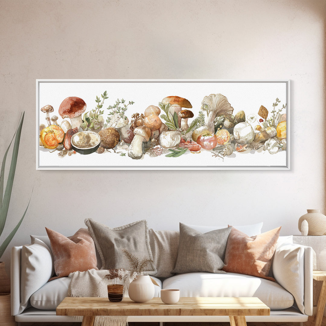 Mushrooms and Thyme Botanical Study Framed Canvas Print, Kitchen Art, Neutral Decor, Kitchen Decor, Fine Art, Kitchen, KIT-3x1-7