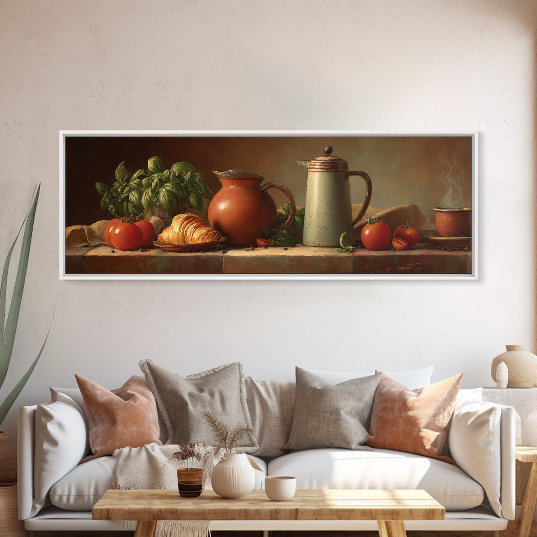 Coffee Pot and Croissant Morning Still Life Canvas Print, Kitchen Art, Printable Wall Art, Kitchen Decor, Fine Art, Kitchen, KIT-3x1-71