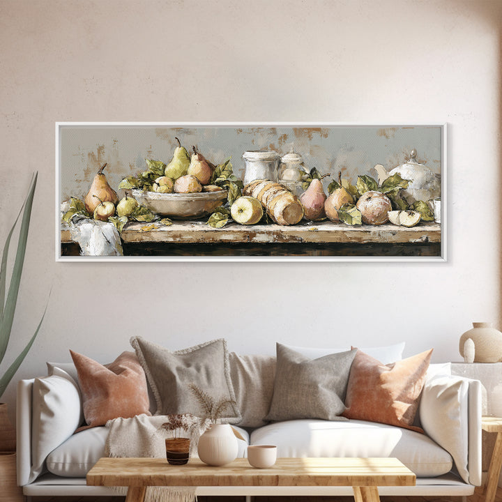 Farmhouse Pears on a Wooden Board Framed Canvas Print, Kitchen Art, Dining Room Wall Art, Kitchen Decor, Fine Art, Kitchen, KIT-3x1-73