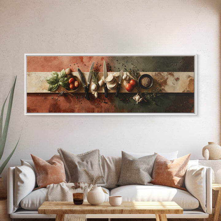 Chef Knives and Herbs Arranged as Graphic Framed Canvas Print, Kitchen Art, Kitchen Decor, Oil Painting, Kitchen, KIT-3x1-74