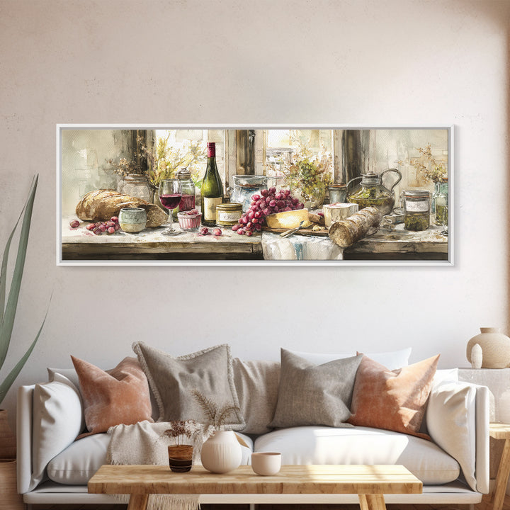 Wine Bottle Grapes and Cheese Still Life Canvas Print, Kitchen Art, Home Decor, Kitchen Decor, Fine Art, Kitchen, Digital Print, KIT-3x1-76
