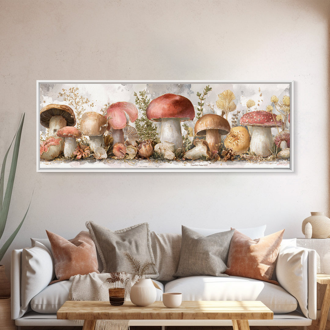 Mushrooms and Thyme Botanical Study Framed Canvas Print, Kitchen Art, Art Deco, Kitchen Decor, Watercolor Art, Kitchen, KIT-3x1-79