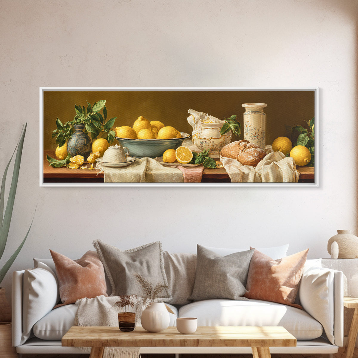 Pasta Lemons and Basil Mediterranean Still Life Framed Canvas Print, Kitchen Art, Coffee Art, Kitchen Decor, Fine Art, Kitchen, KIT-3x1-81