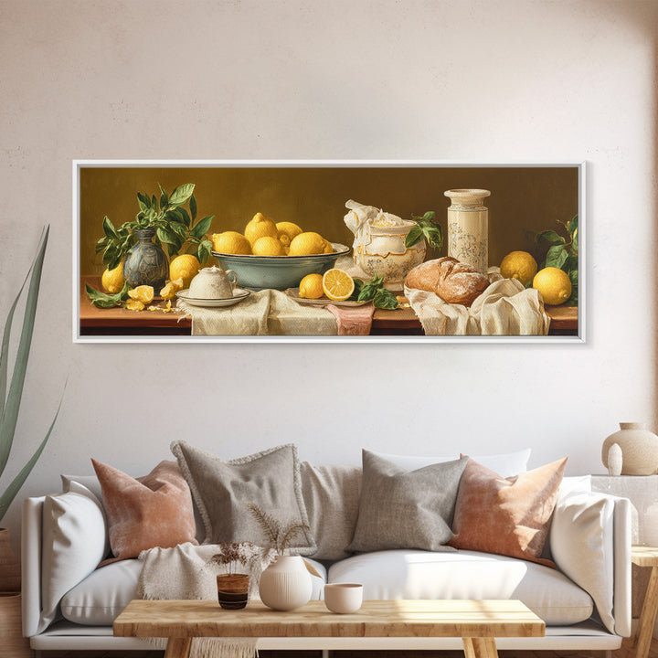 Pasta Lemons and Basil Mediterranean Still Life Framed Canvas Print, Kitchen Art, Coffee Art, Kitchen Decor, Fine Art, Kitchen, KIT-3x1-81