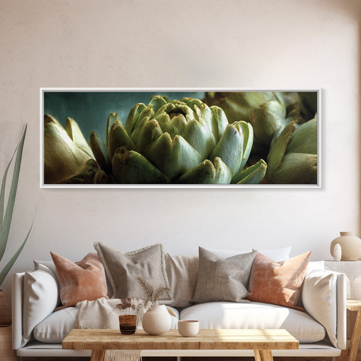 Artichoke Closeup in Painterly Green Tones Framed Canvas Print, Kitchen Art, Kitchen, Kitchen Decor, Fine Art, Kitchen, KIT-3x1-84