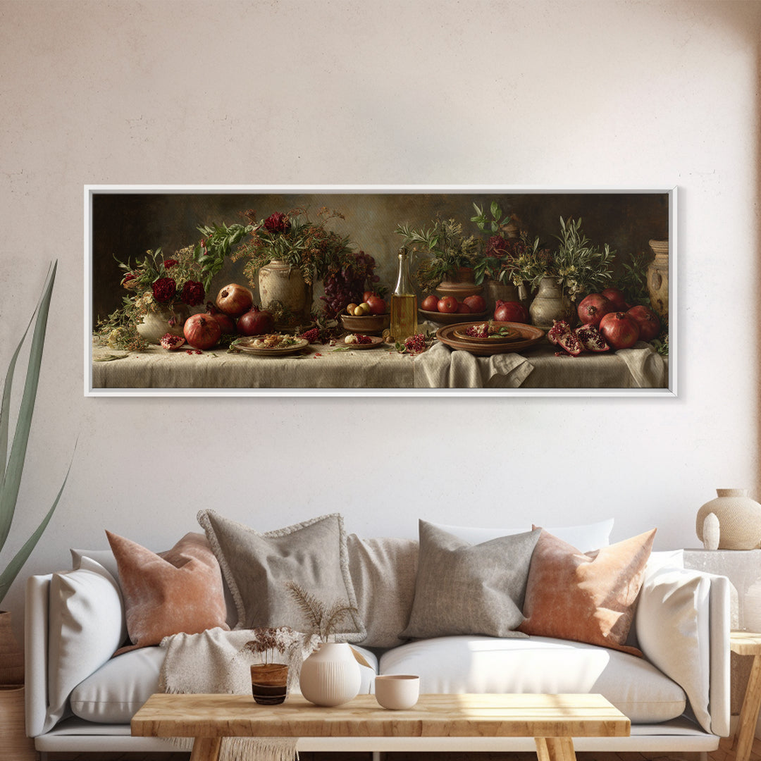 Figs Pomegranates and Linen Composition Canvas Print, Kitchen Art, Digital Wall Art, Kitchen Decor, Abstract Art, Kitchen, KIT-3x1-86