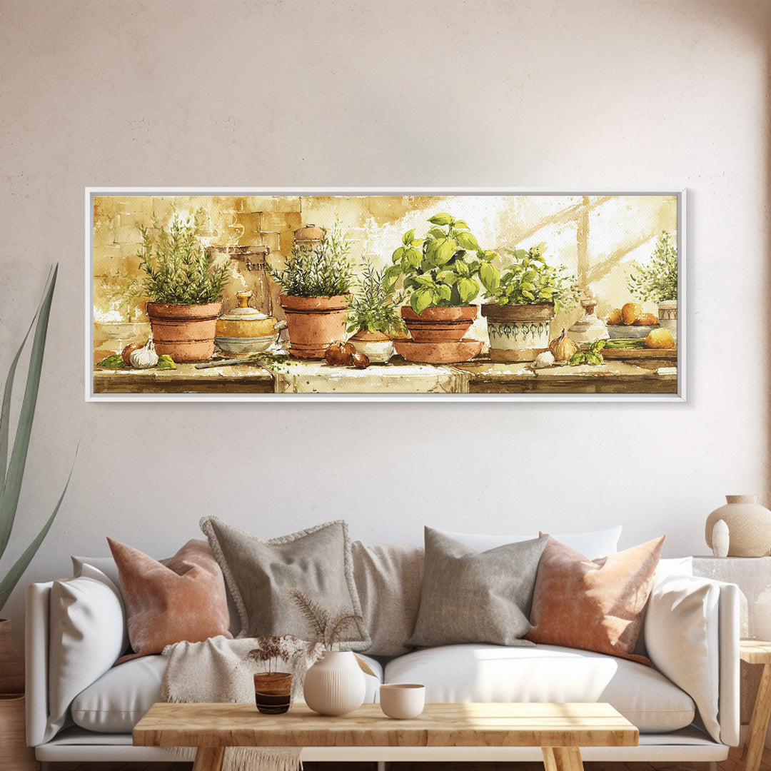 Fresh Herbs in Terracotta Pots Framed Canvas Print, Kitchen Art, Kitchen Art Print, Kitchen Decor, Oil Painting, Kitchen, KIT-3x1-89