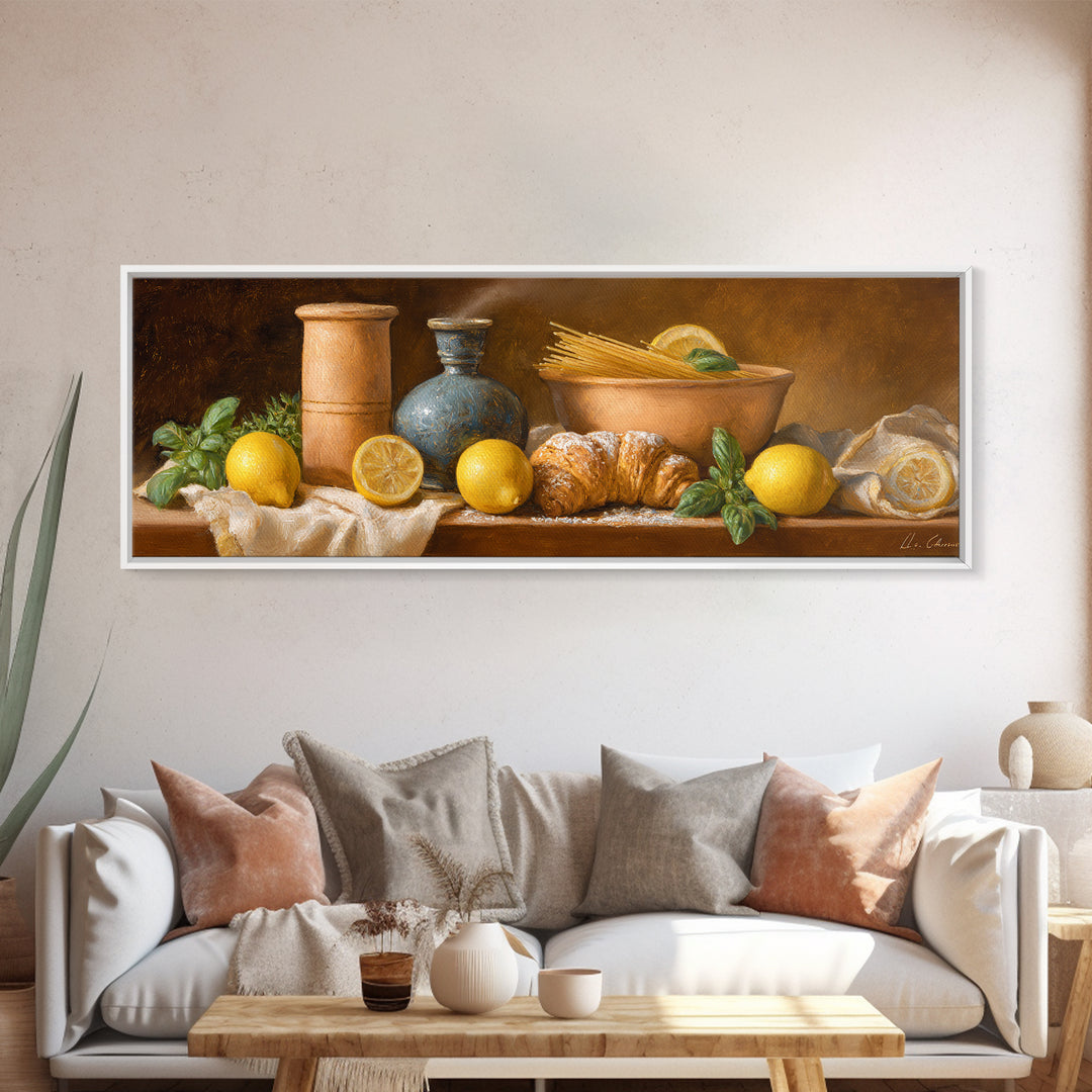 Pasta Lemons and Basil Mediterranean Still Life Framed Canvas Print, Kitchen Art, Digital Wall Art, Kitchen Decor, Kitchen, KIT-3x1-9
